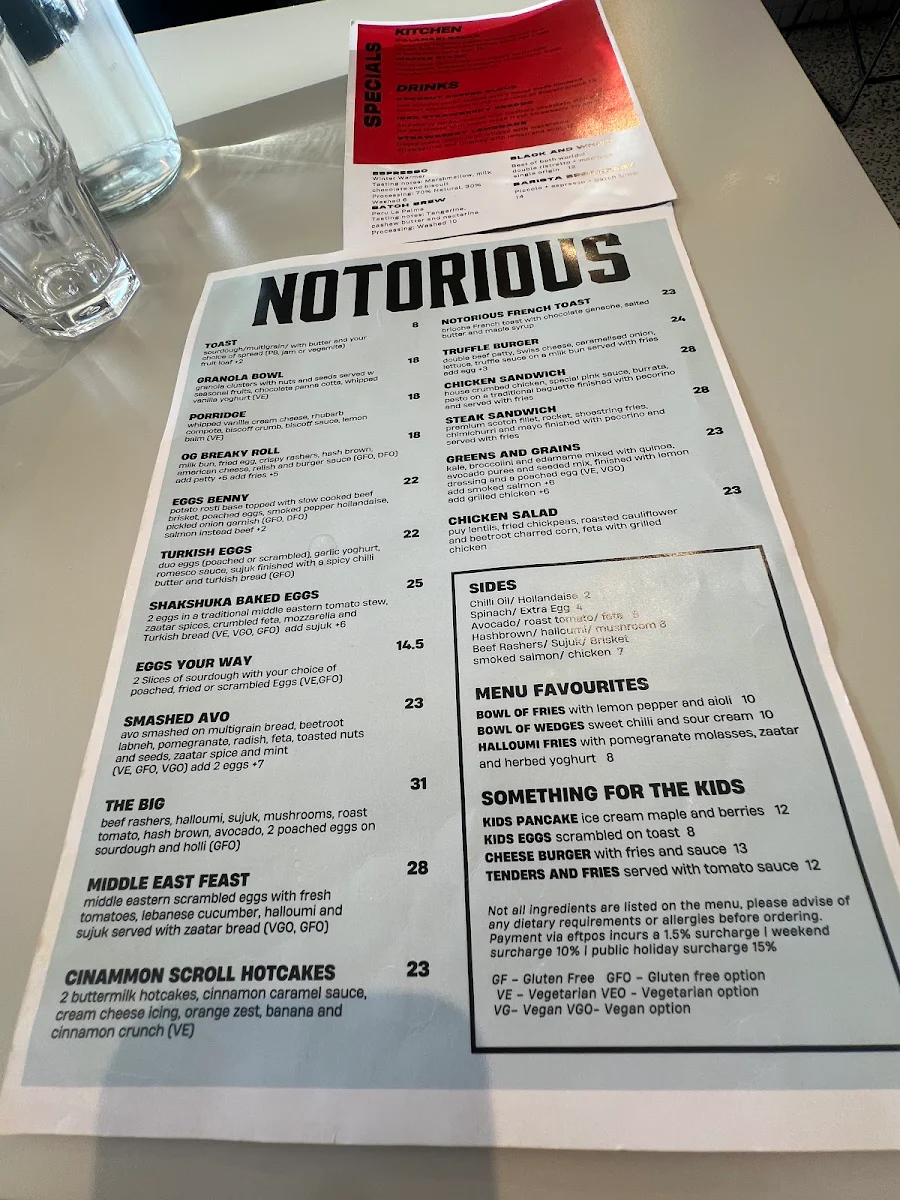 Menu, Notorious Espresso