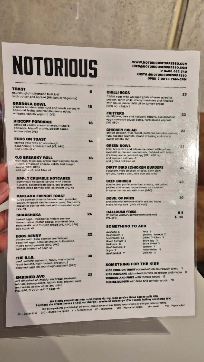 Menu, Notorious Espresso