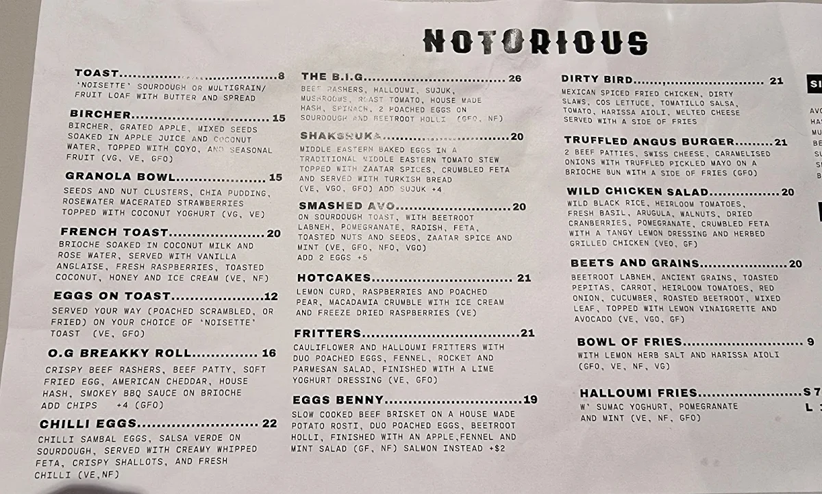 Menu, Notorious Espresso