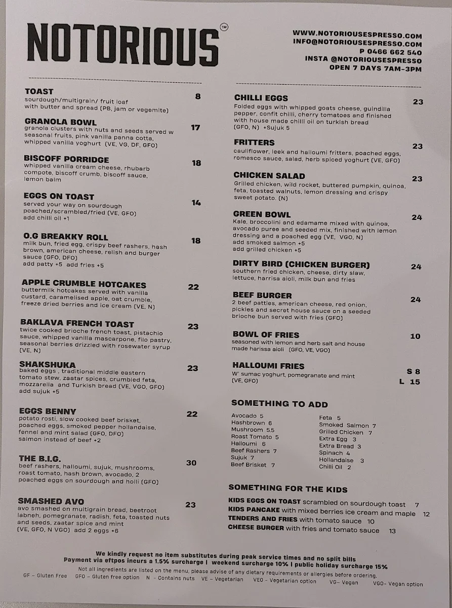 Menu, Notorious Espresso