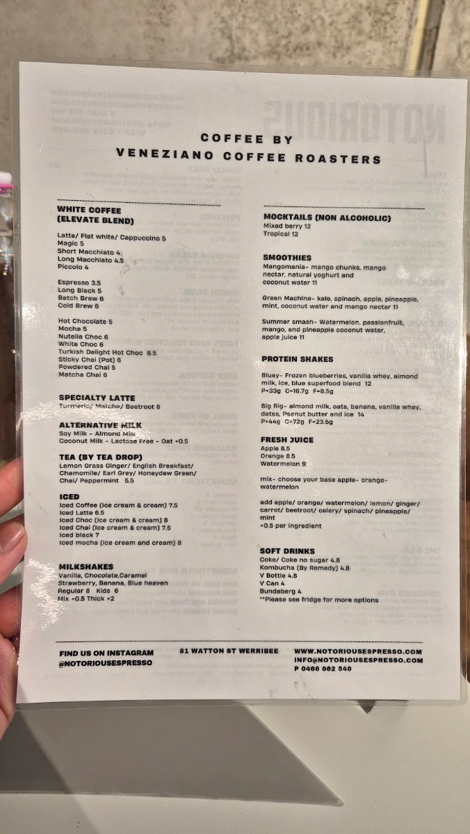 Menu, Notorious Espresso