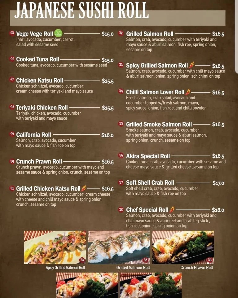 Menu, Akira Sushi