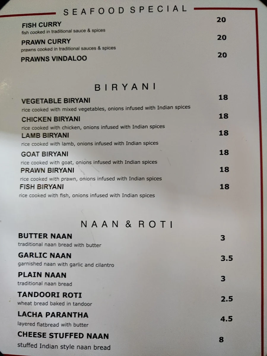 Menu, Chawla Indian Cuisine