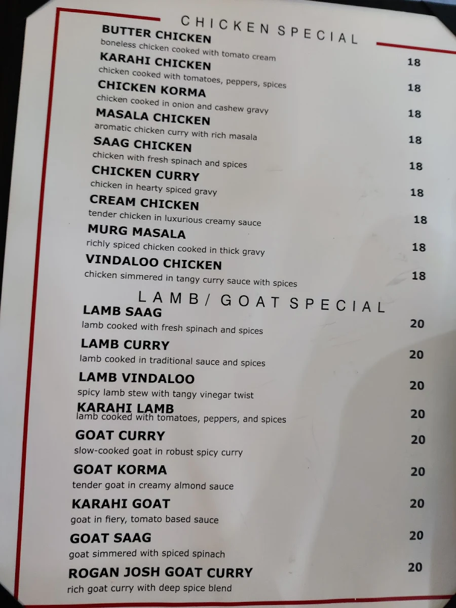 Menu, Chawla Indian Cuisine