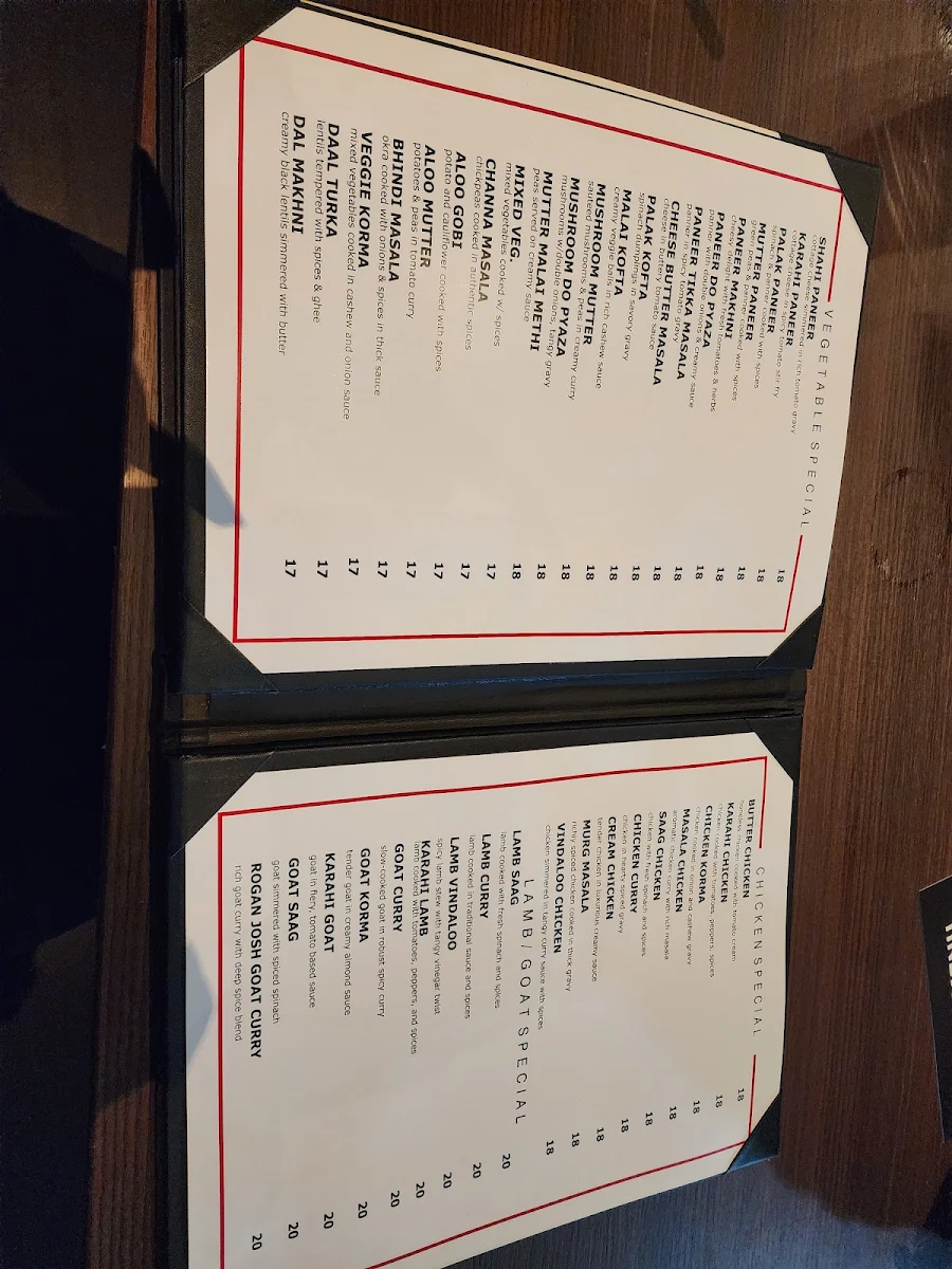 Menu, Chawla Indian Cuisine