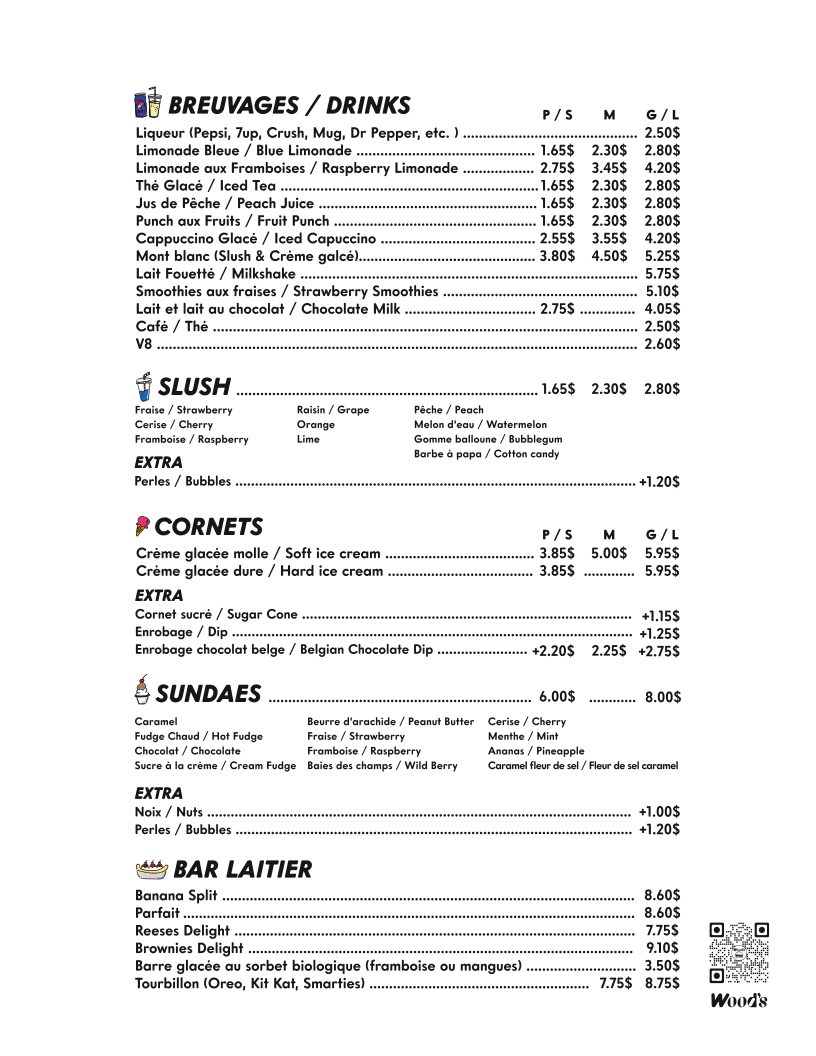 Menu, Wood's Snack Bar