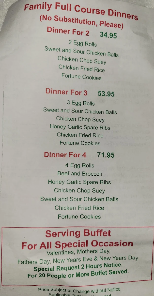 Menu, Wok House