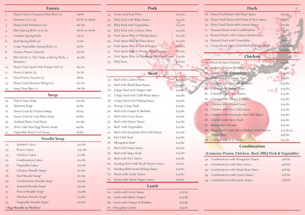 Menu, Red Lantern