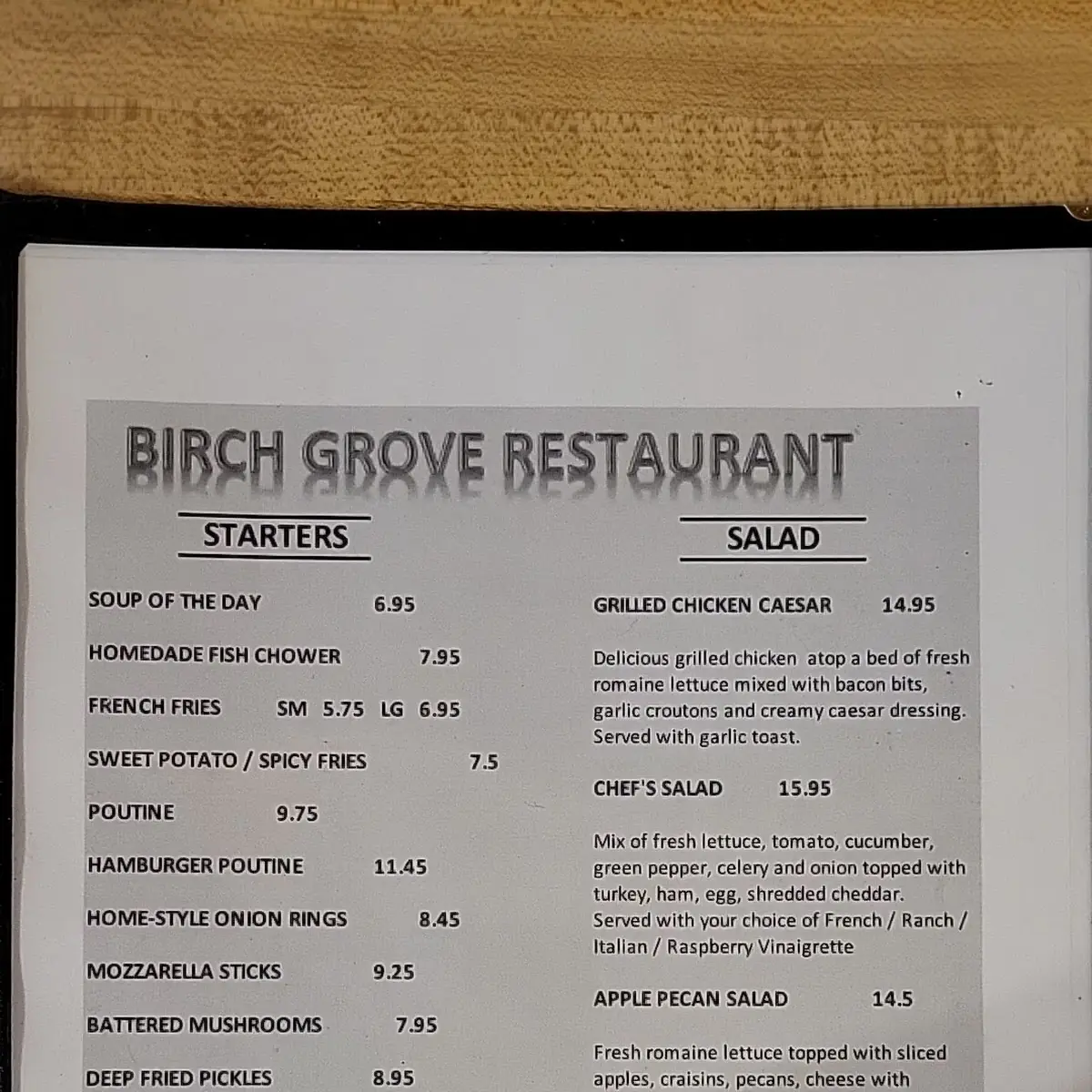 Menu, Birch Grove Restaurant & Take out