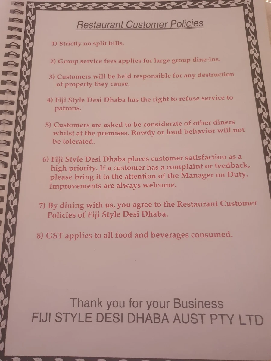 Menu, Fiji Style Desi Dhaba AUST PTY LTD Liverpool