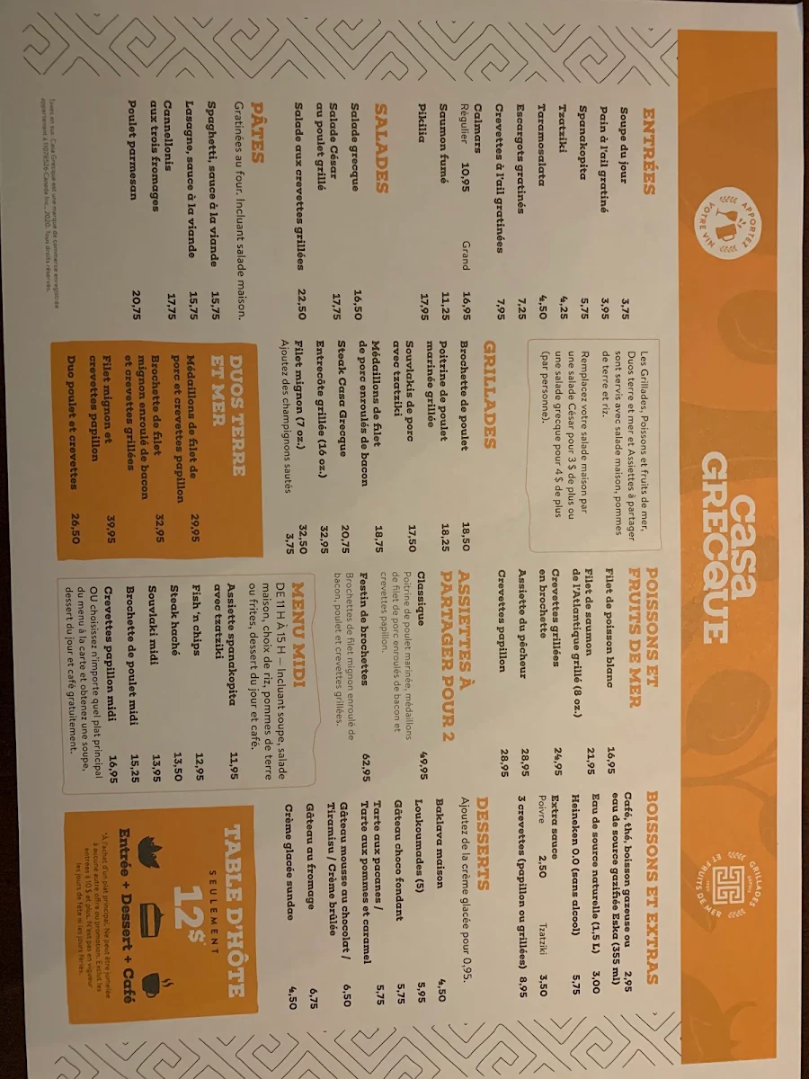 Menu, Casa Grecque