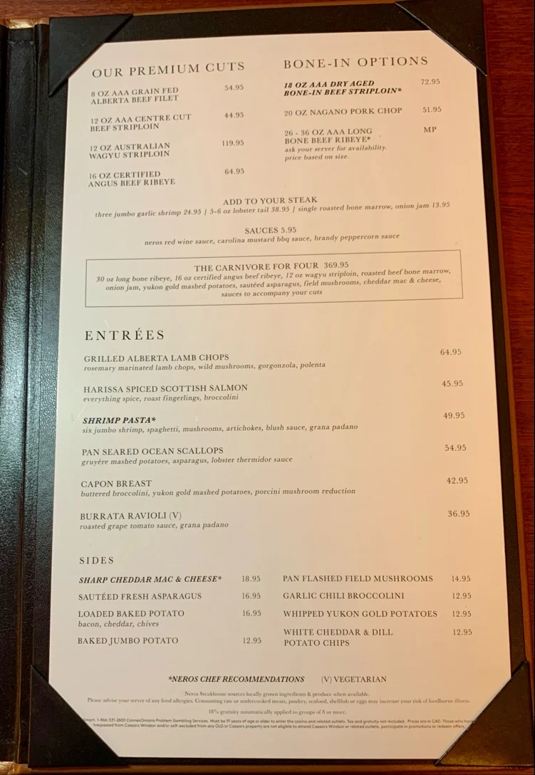 Menu, Neros Steakhouse