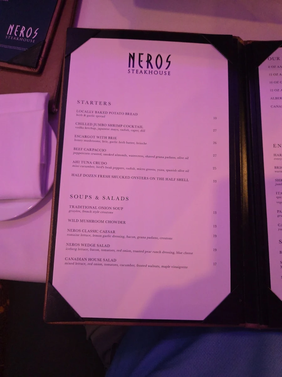 Menu, Neros Steakhouse