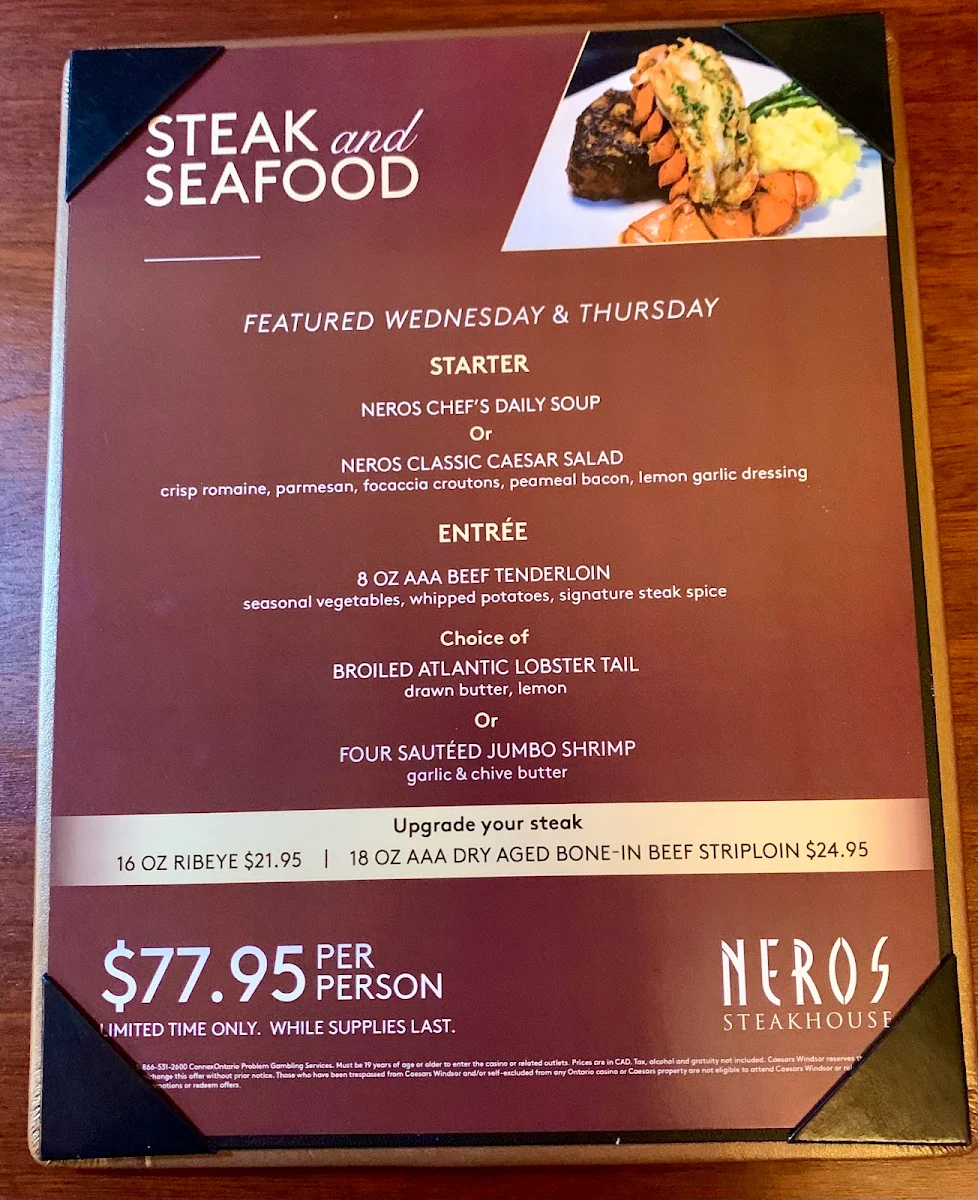 Menu, Neros Steakhouse