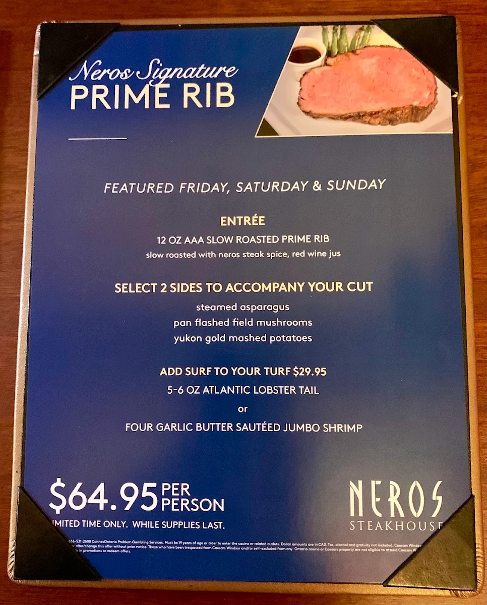 Menu, Neros Steakhouse