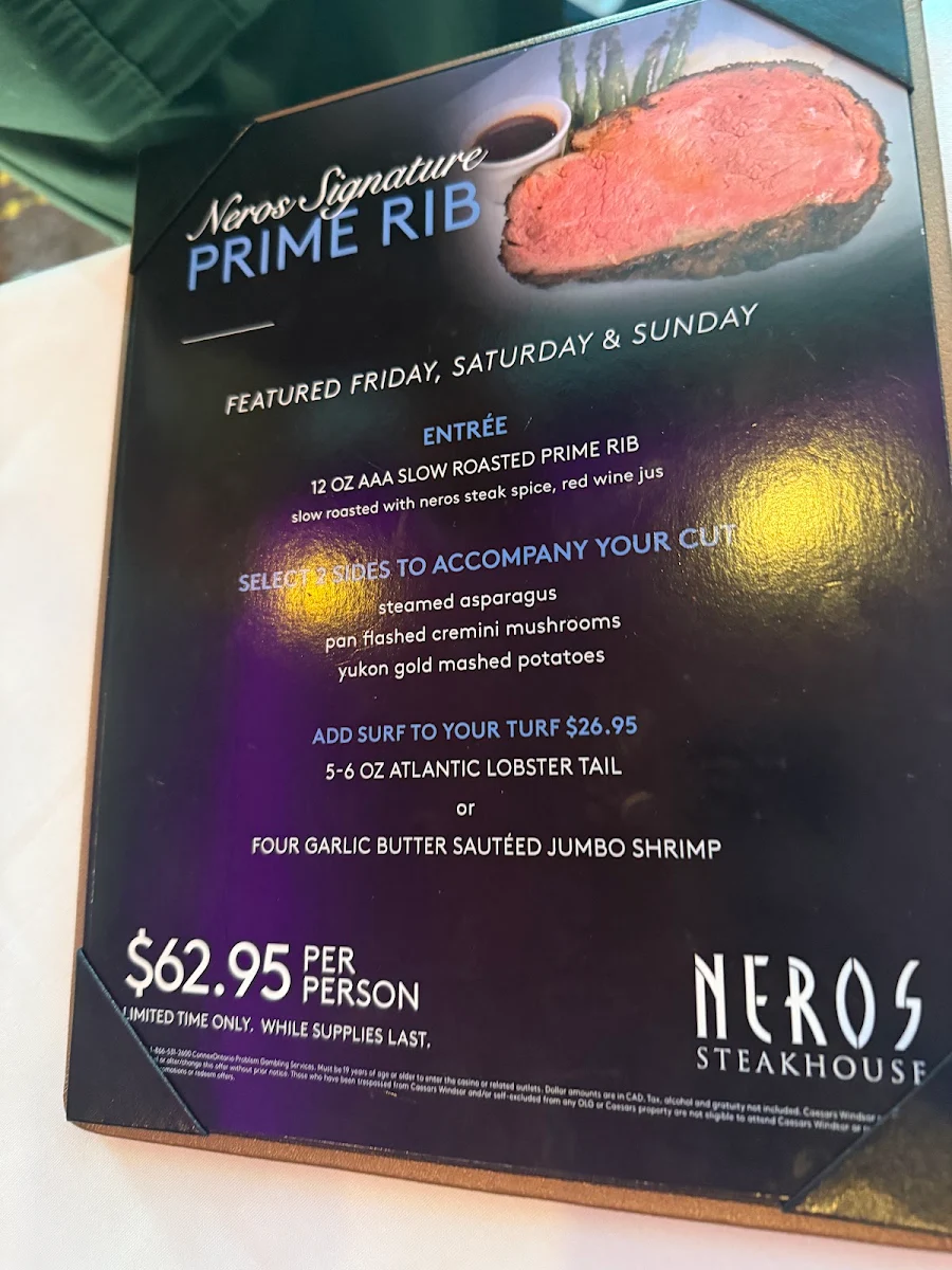 Menu, Neros Steakhouse