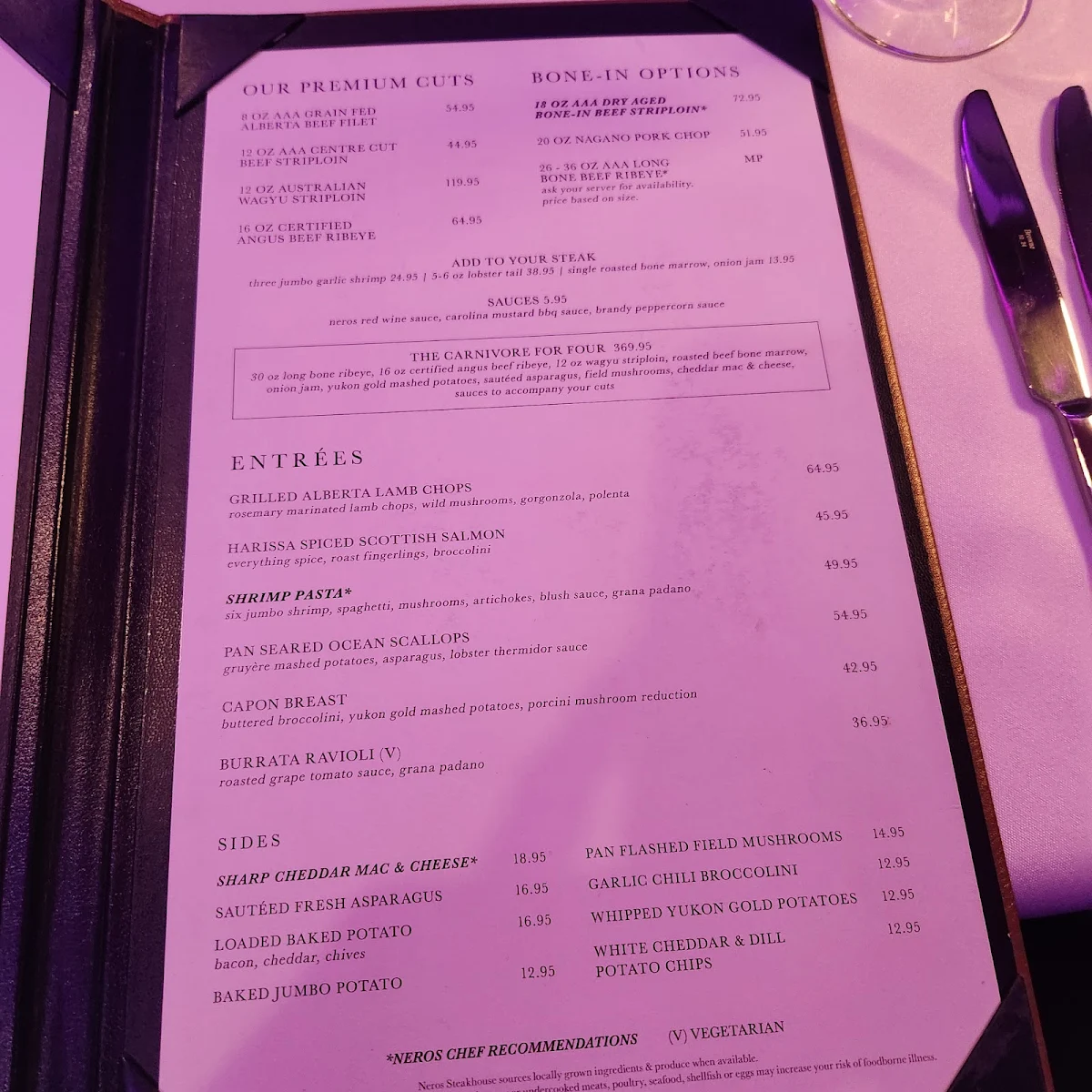 Menu, Neros Steakhouse