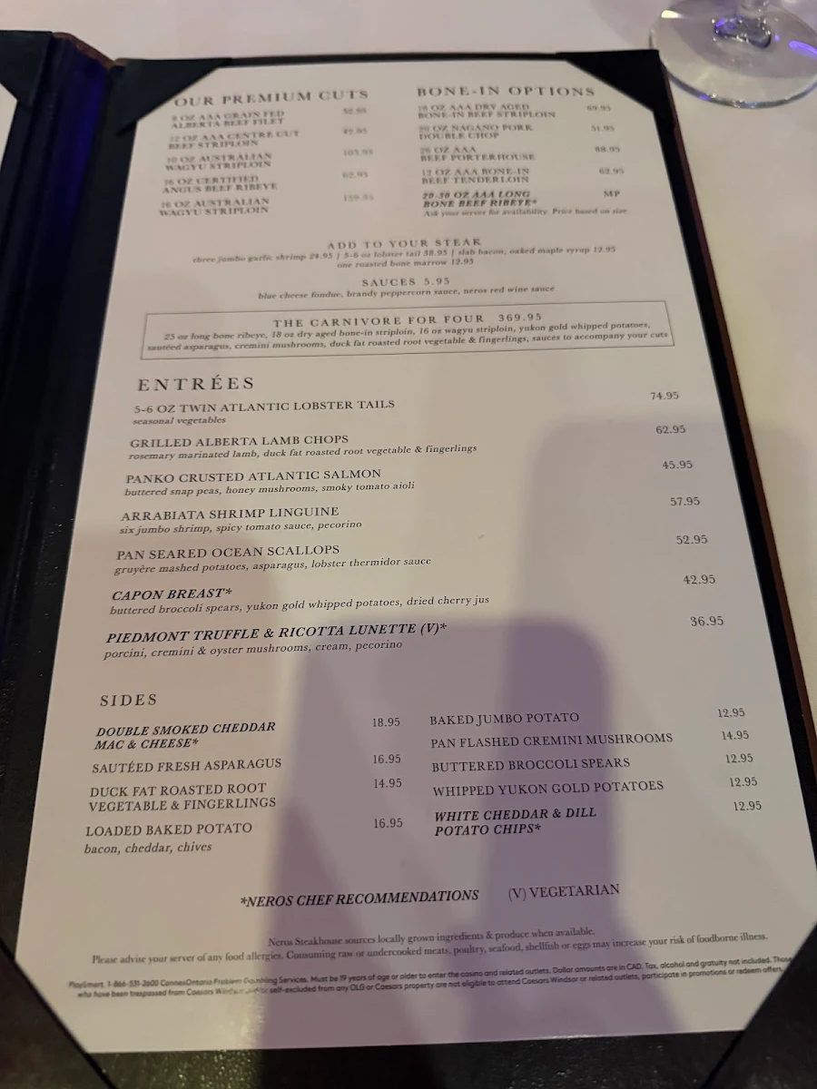 Menu, Neros Steakhouse