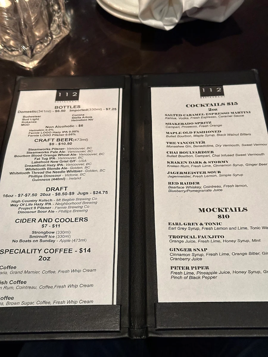 Menu, 112 Restaurant & Lounge