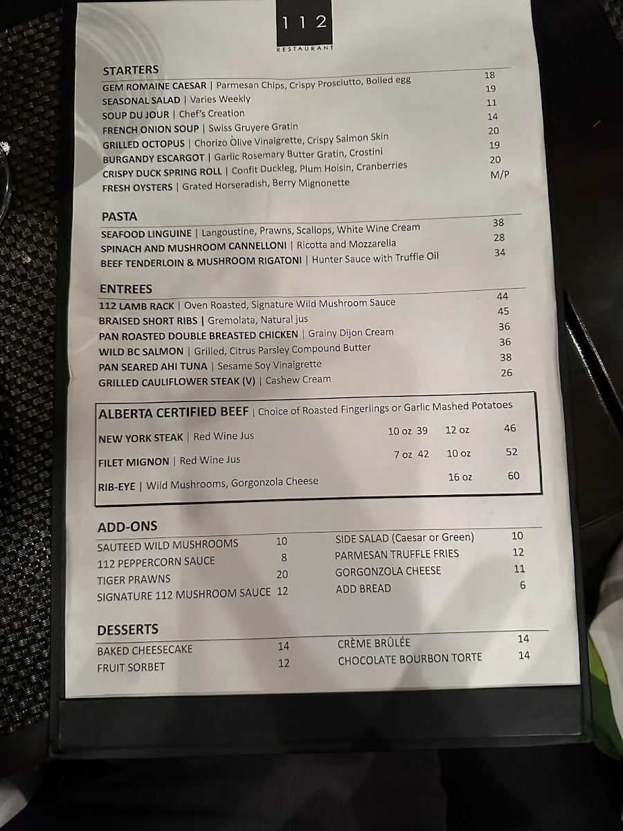 Menu, 112 Restaurant & Lounge
