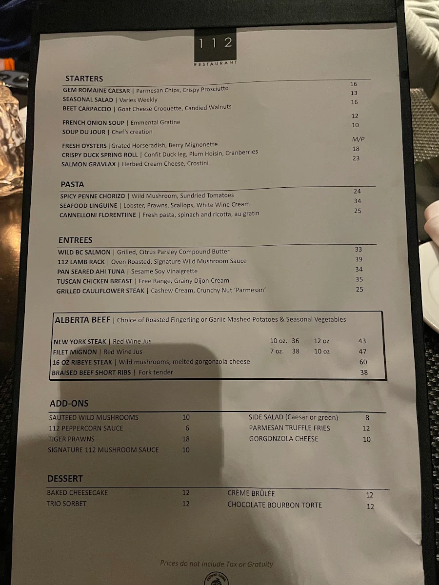 Menu, 112 Restaurant & Lounge