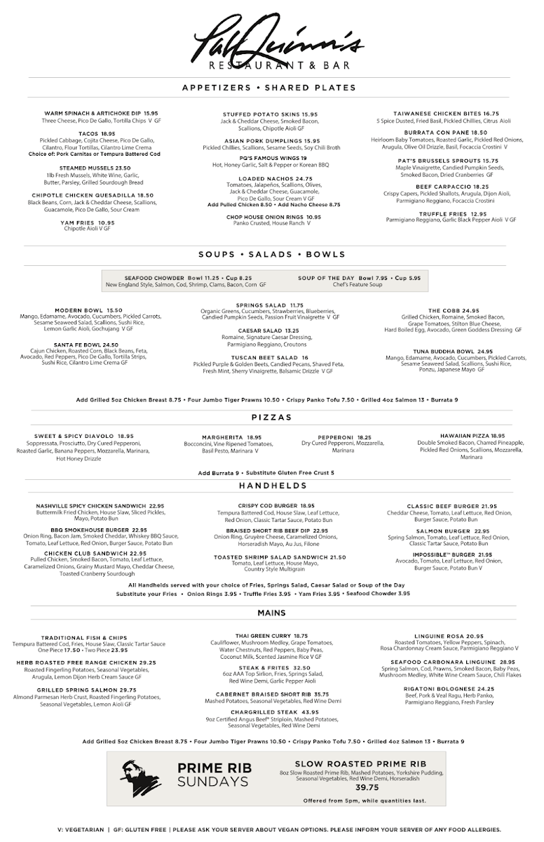 Menu, Pat Quinn's Restaurant & Bar