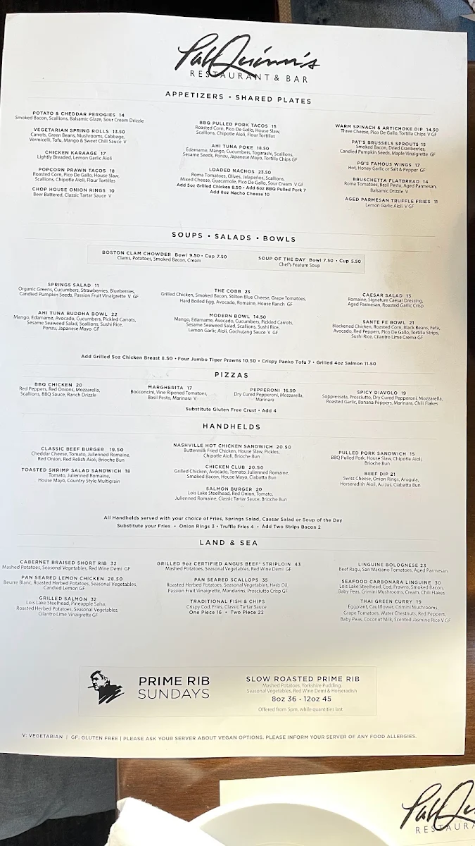 Menu, Pat Quinn's Restaurant & Bar