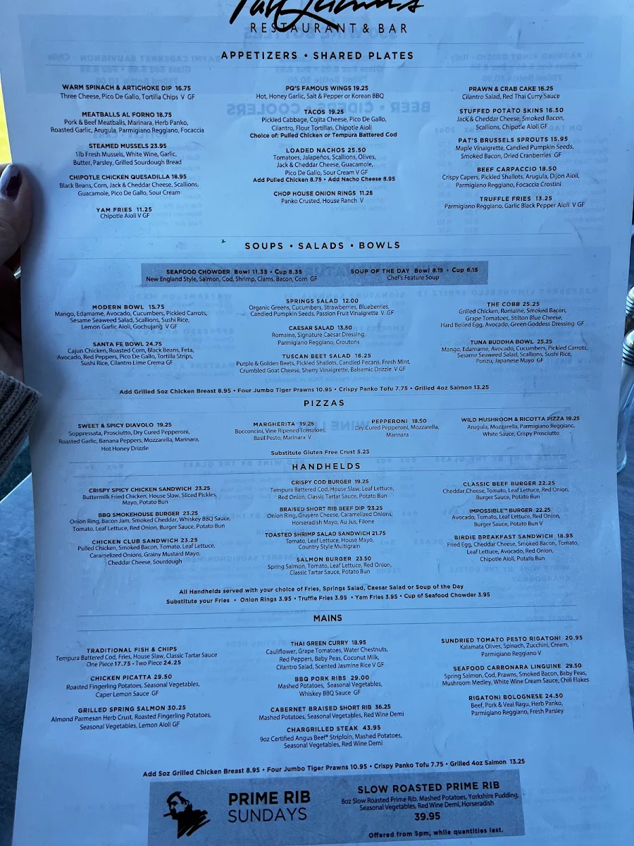 Menu, Pat Quinn's Restaurant & Bar
