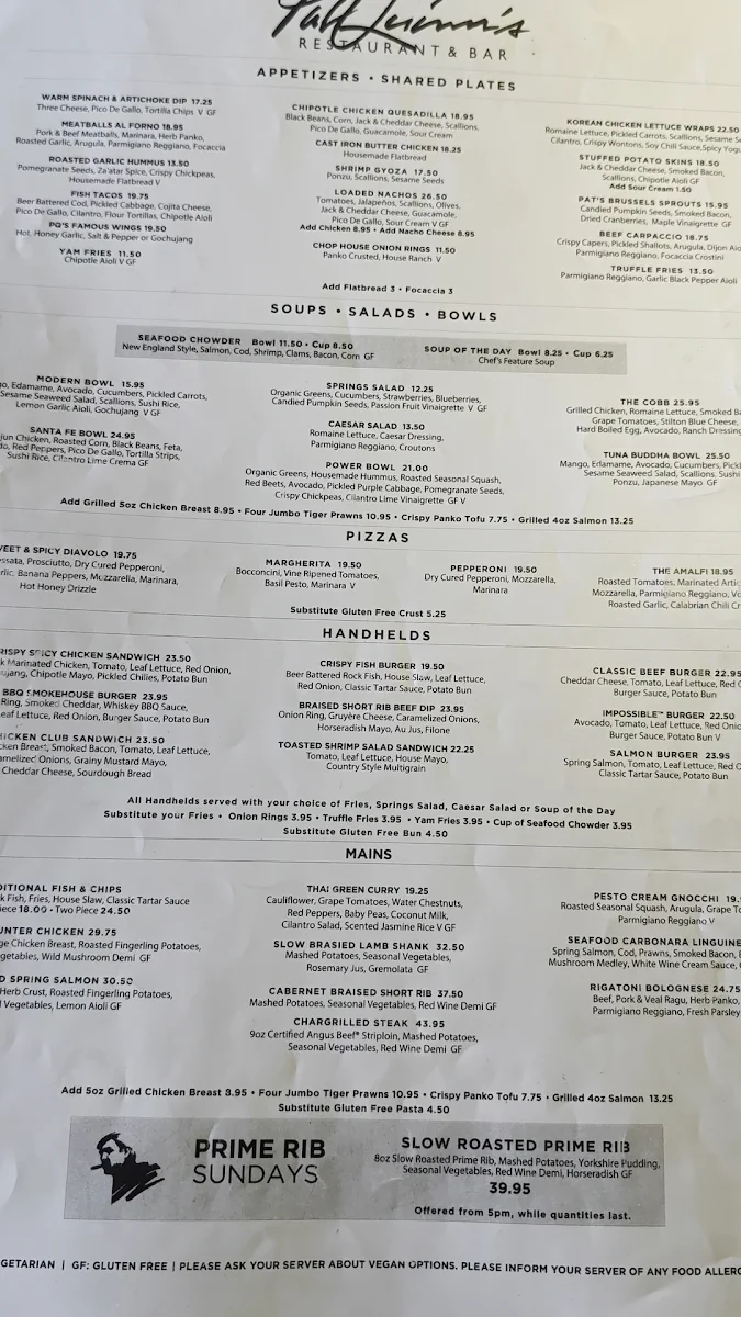 Menu, Pat Quinn's Restaurant & Bar