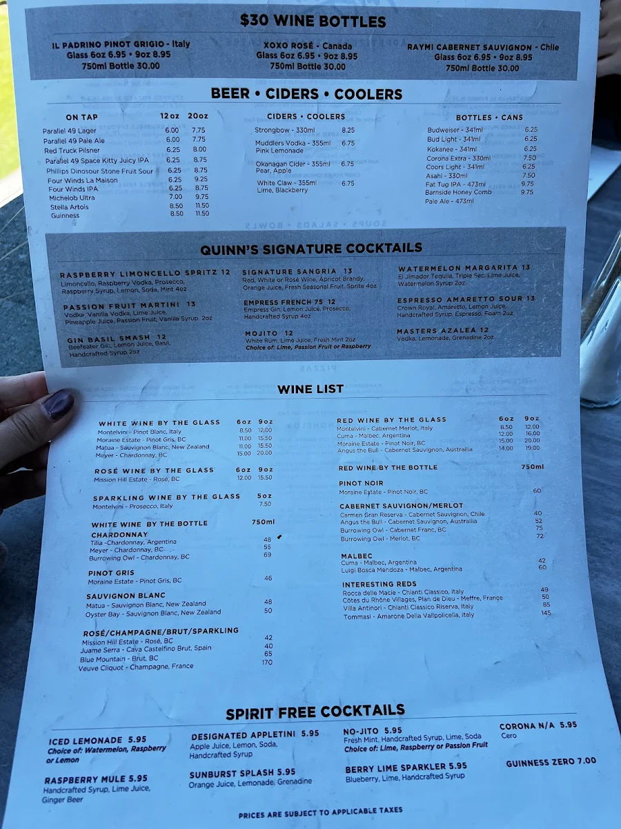 Menu, Pat Quinn's Restaurant & Bar