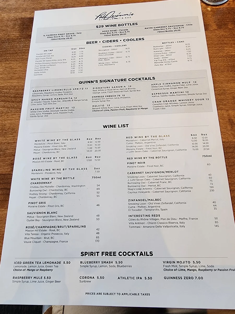 Menu, Pat Quinn's Restaurant & Bar