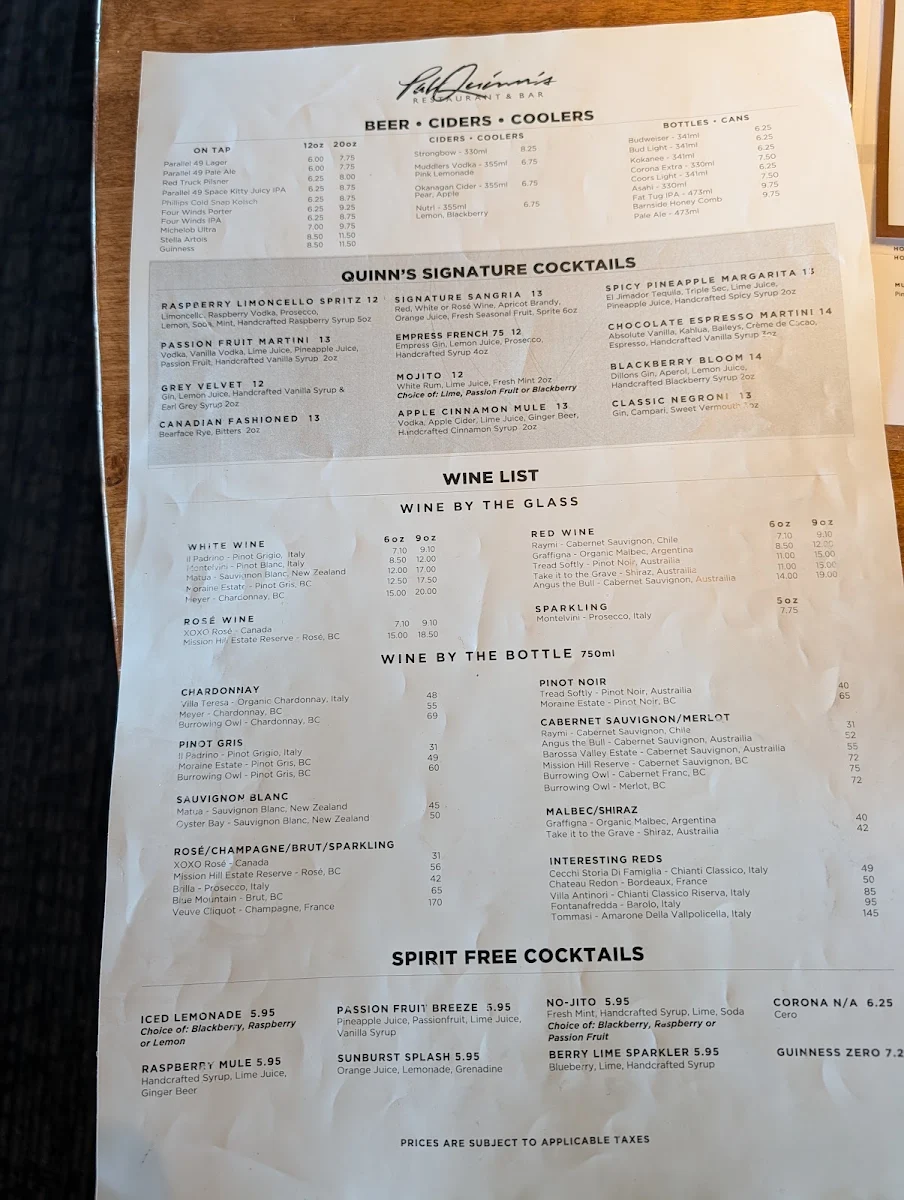 Menu, Pat Quinn's Restaurant & Bar
