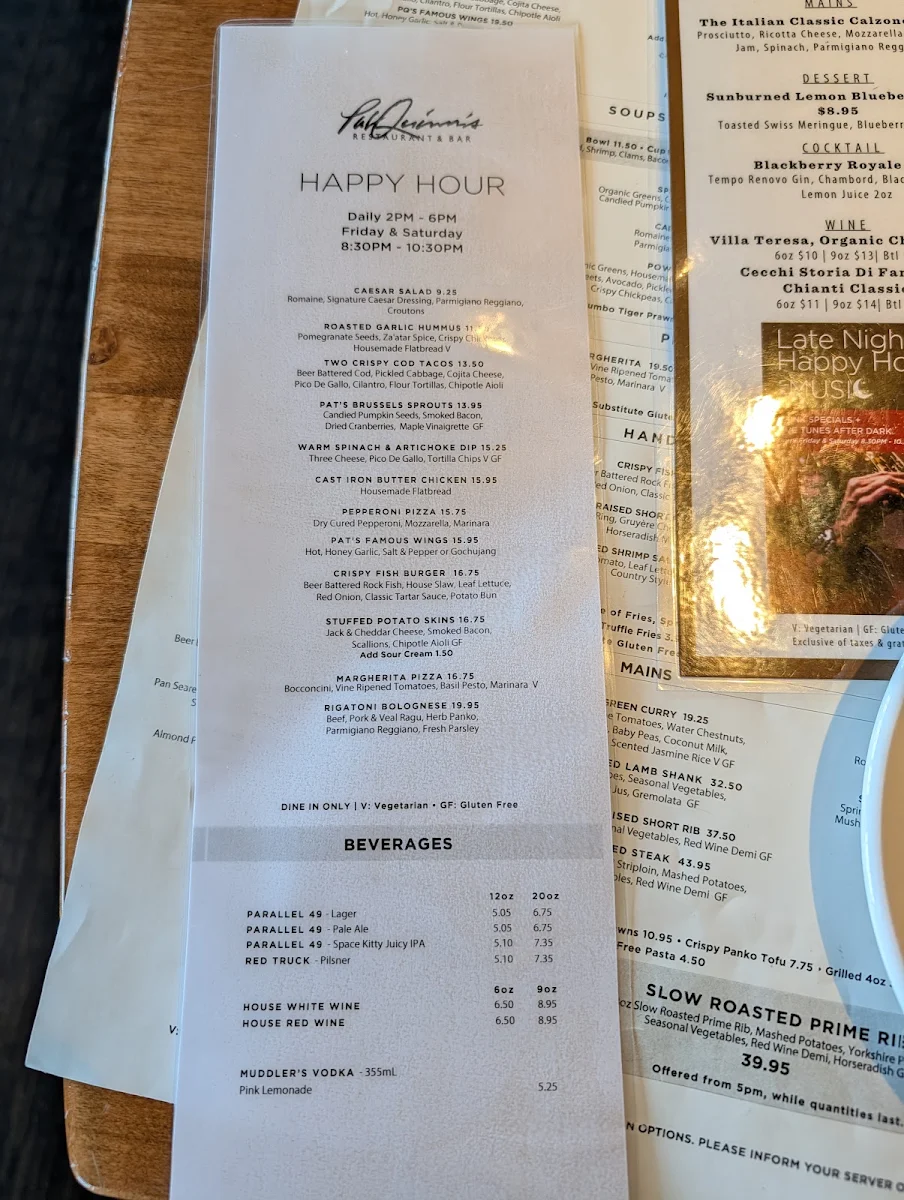 Menu, Pat Quinn's Restaurant & Bar