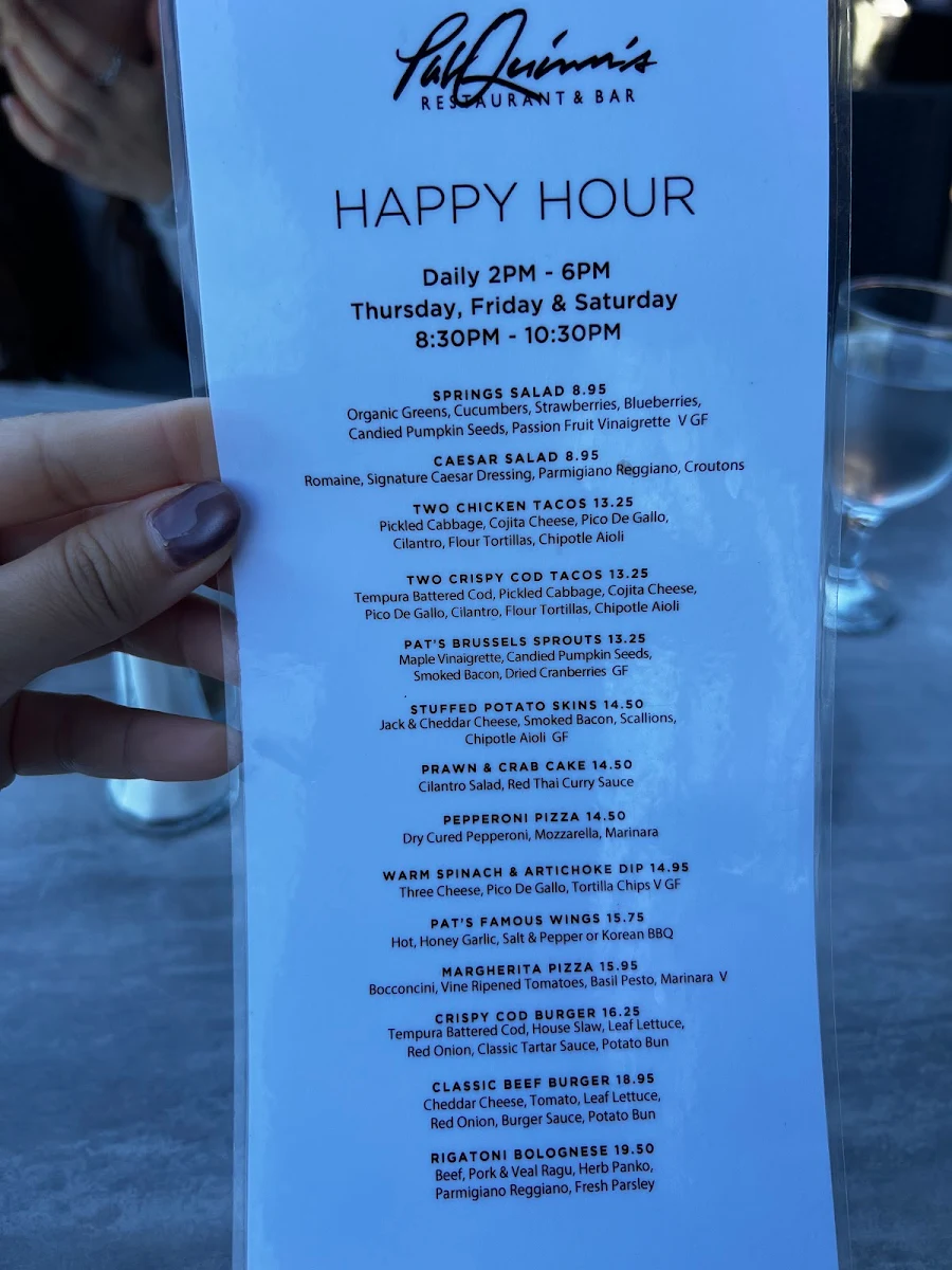 Menu, Pat Quinn's Restaurant & Bar