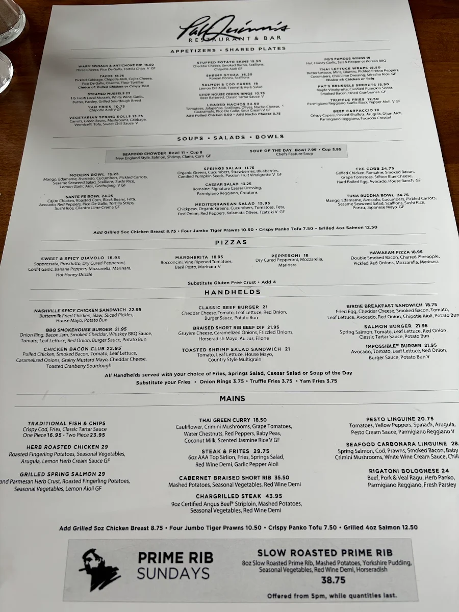 Menu, Pat Quinn's Restaurant & Bar