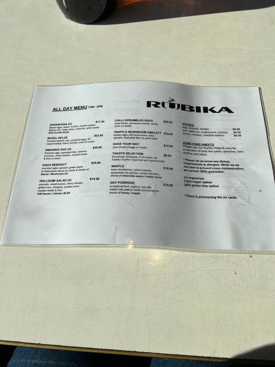 Menu, Rubika Cafe & Bar