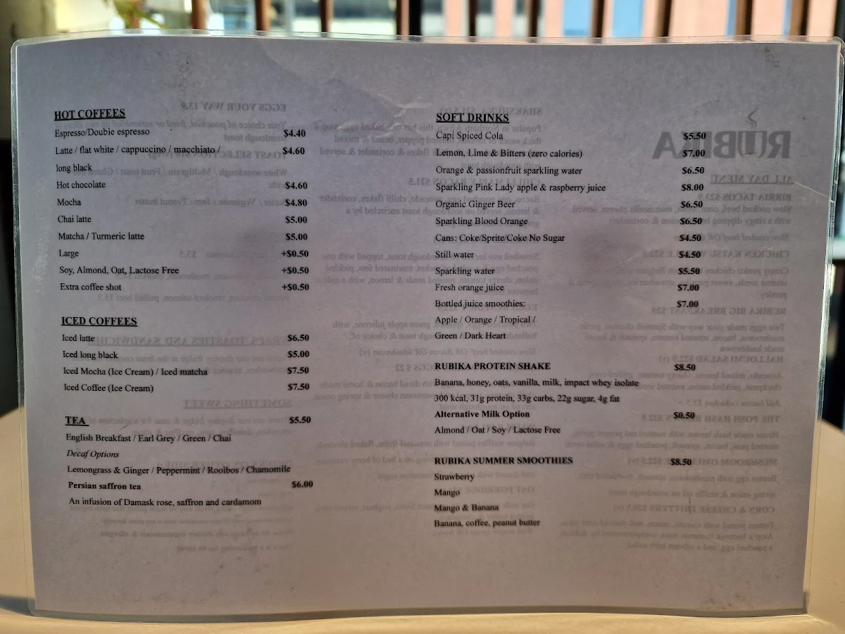 Menu, Rubika Cafe & Bar
