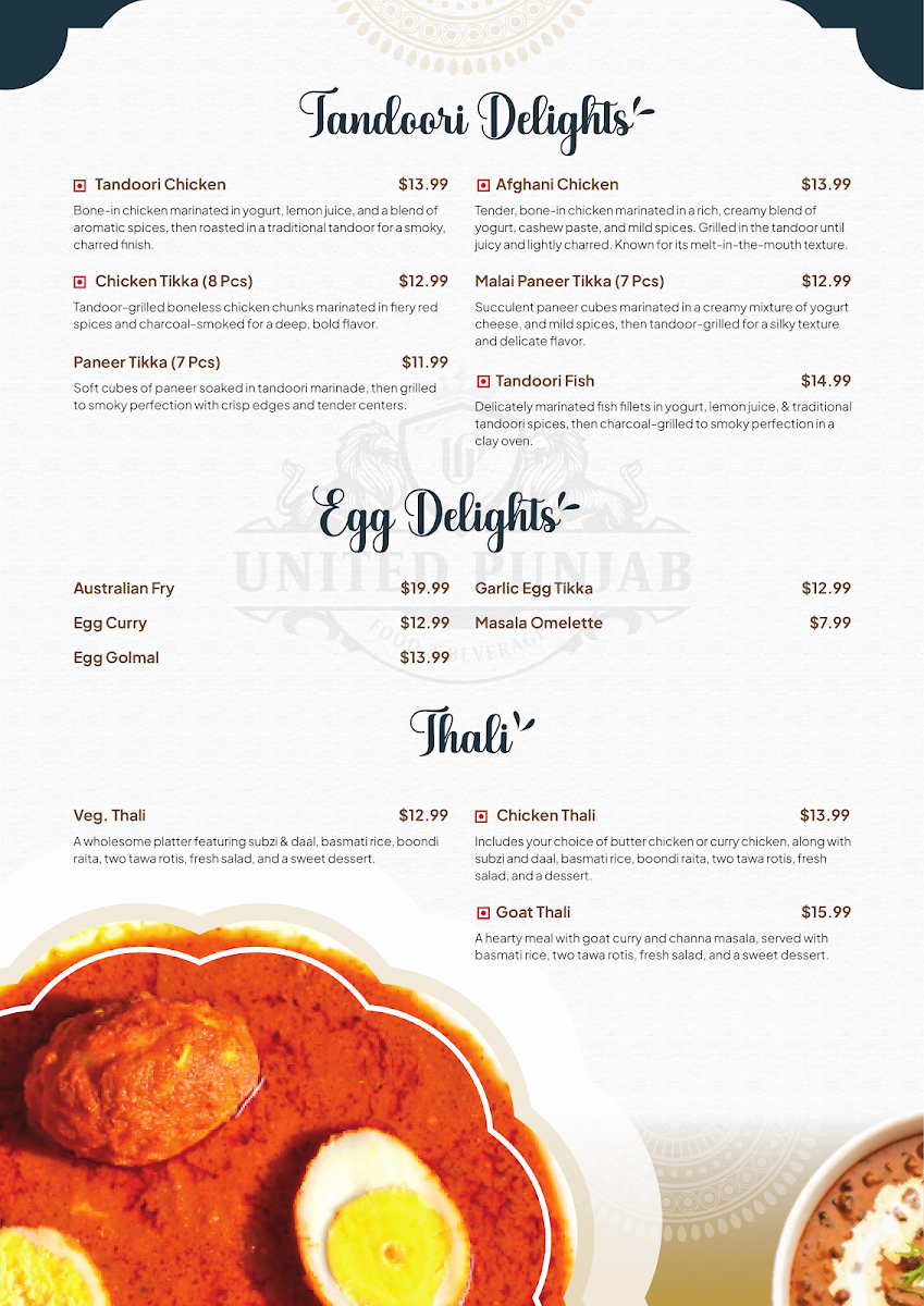Menu, United Punjab Eatery & Grill