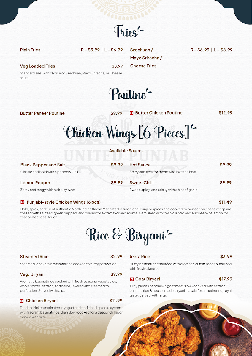 Menu, United Punjab Eatery & Grill