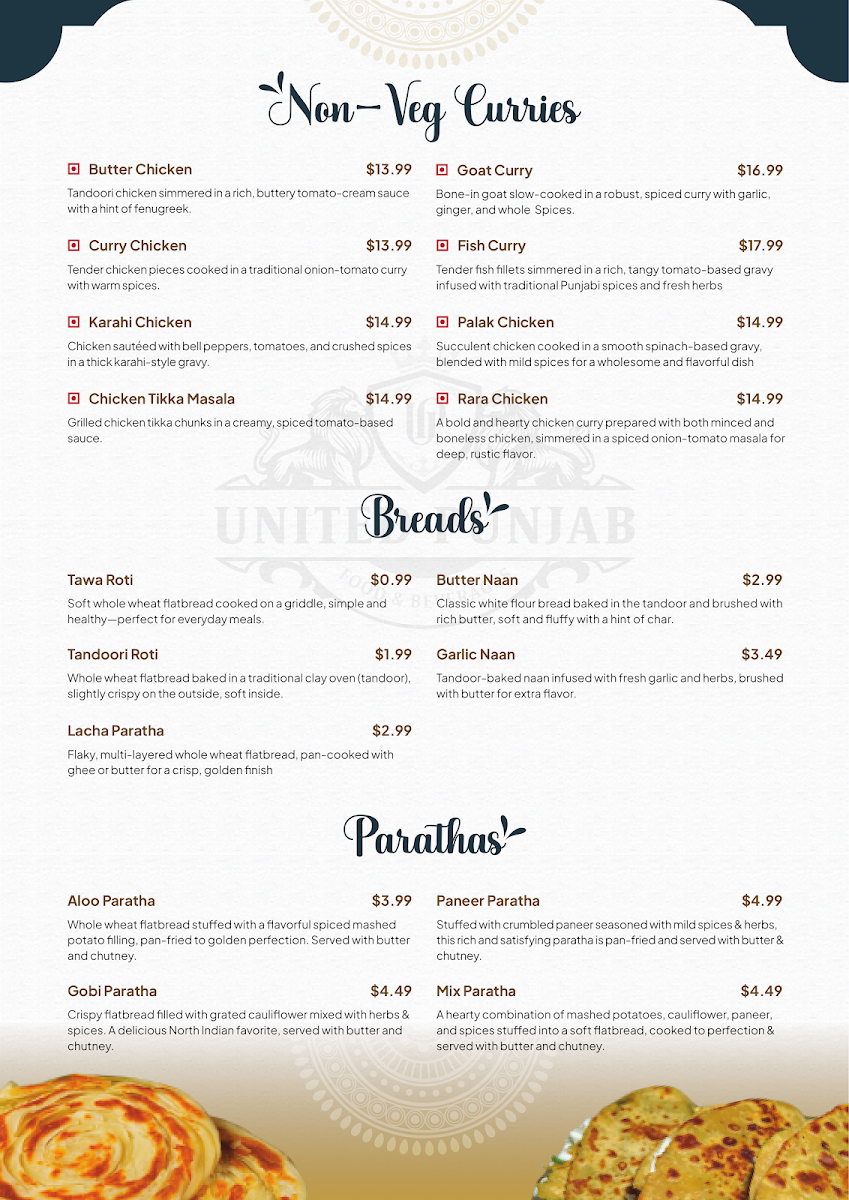 Menu, United Punjab Eatery & Grill