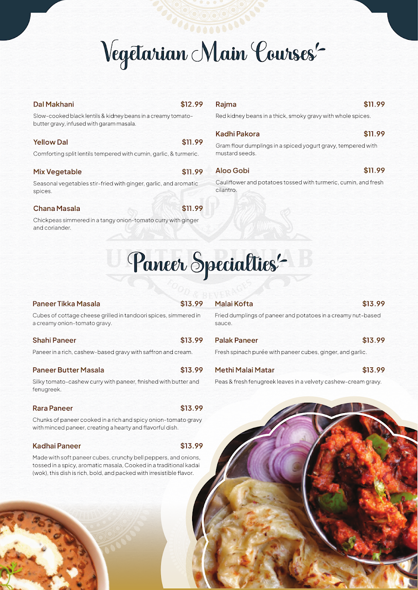 Menu, United Punjab Eatery & Grill
