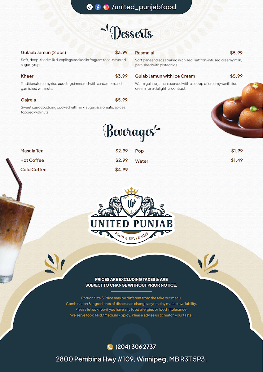 Menu, United Punjab Eatery & Grill
