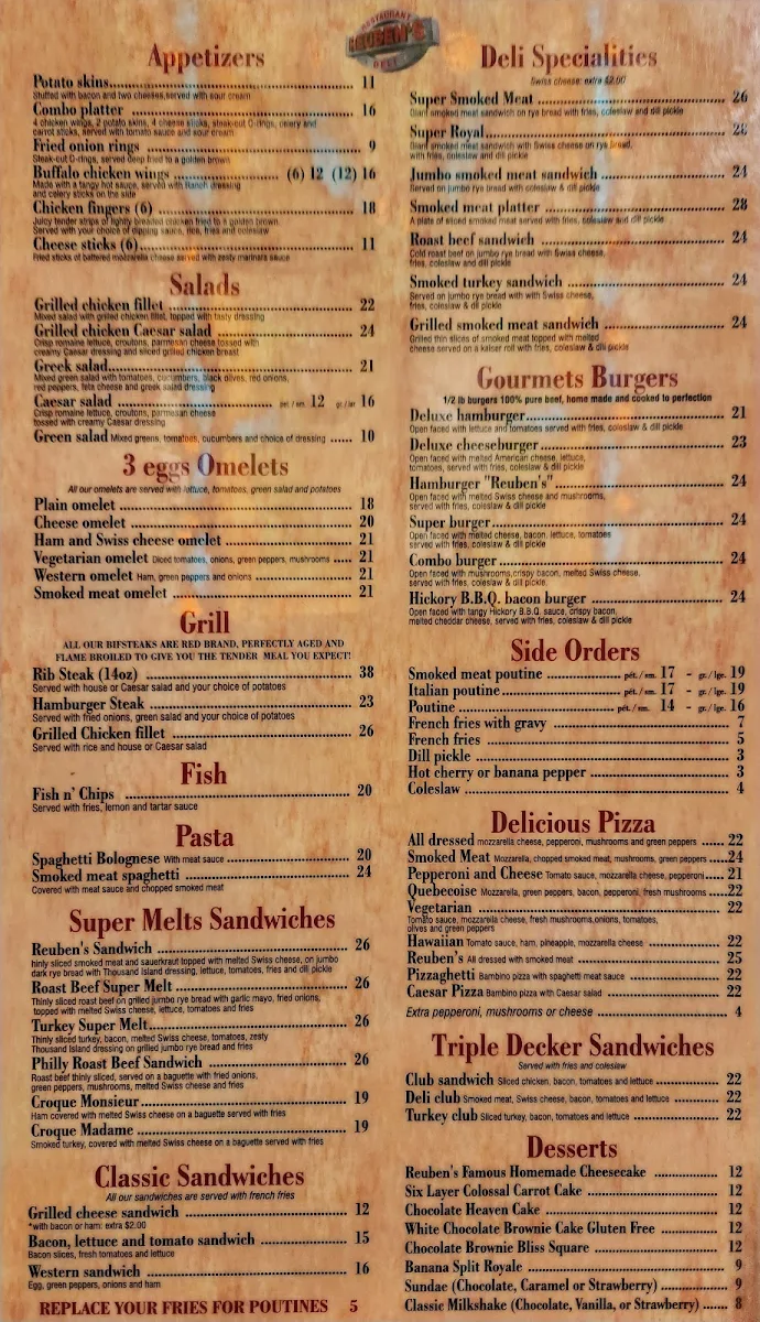 Menu, Reuben's Restaurant Delicatessen