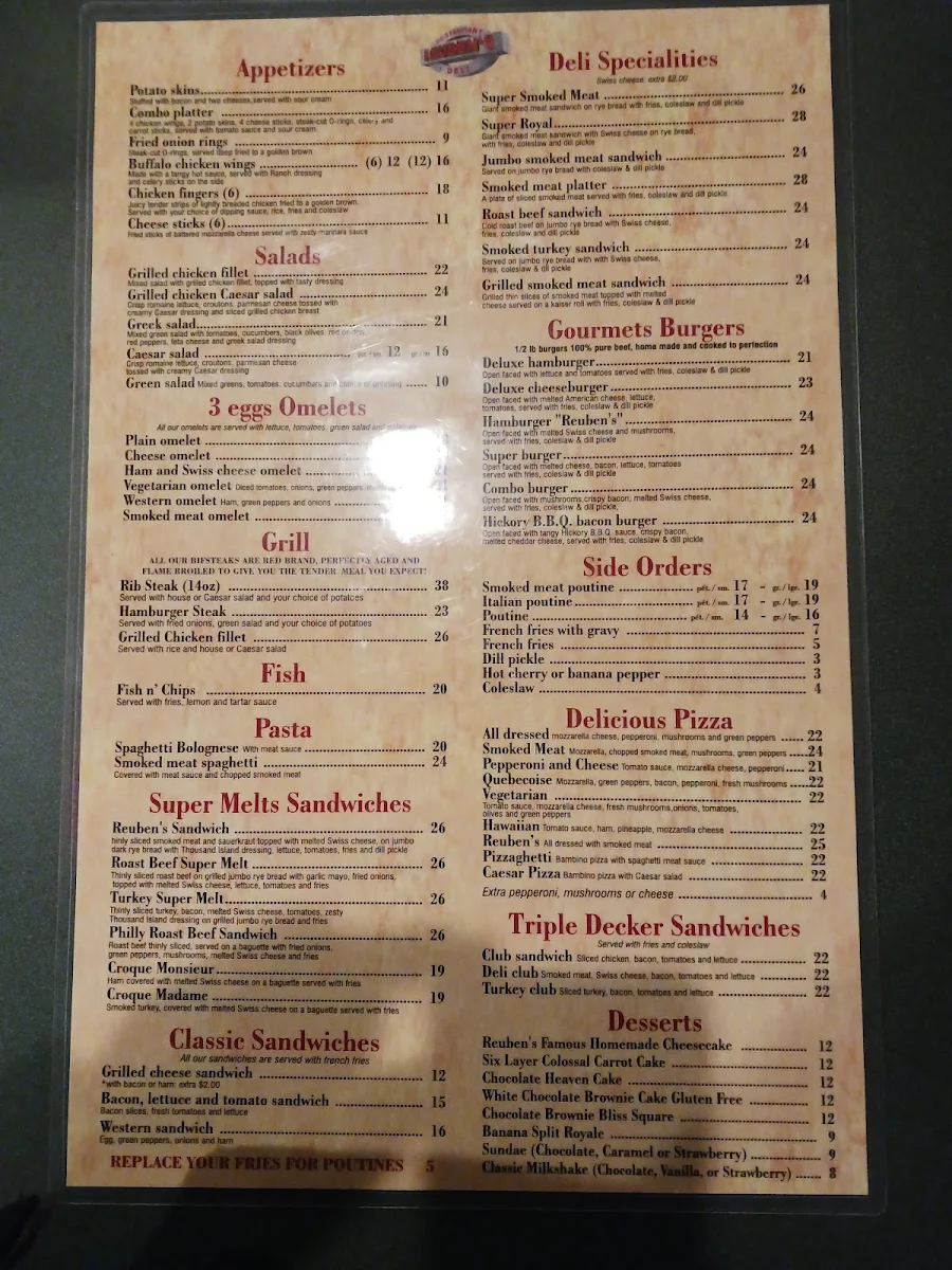 Menu, Reuben's Restaurant Delicatessen