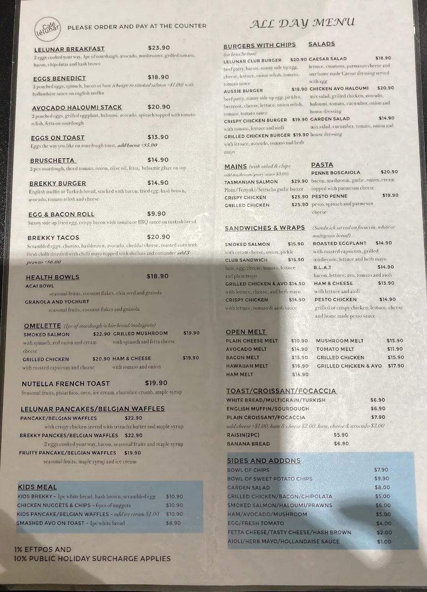 Menu, Cafe Lelunar