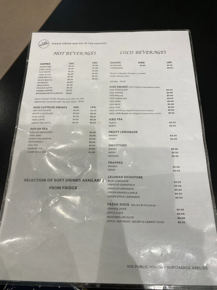 Menu, Cafe Lelunar