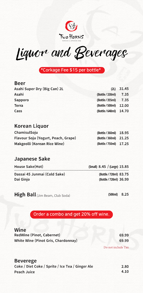 Menu, Two Horns Korean BBQ House