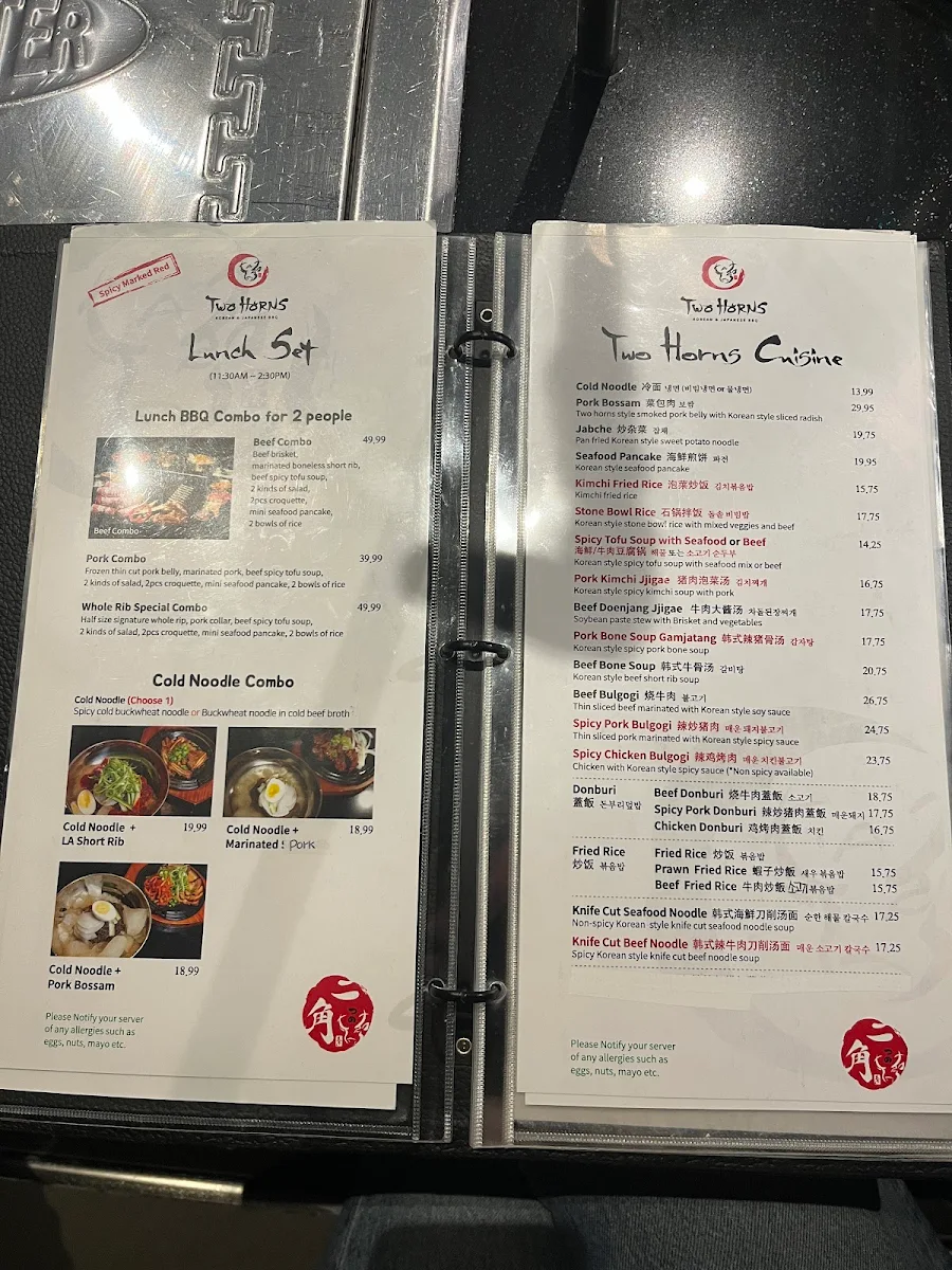 Menu, Two Horns Korean BBQ House