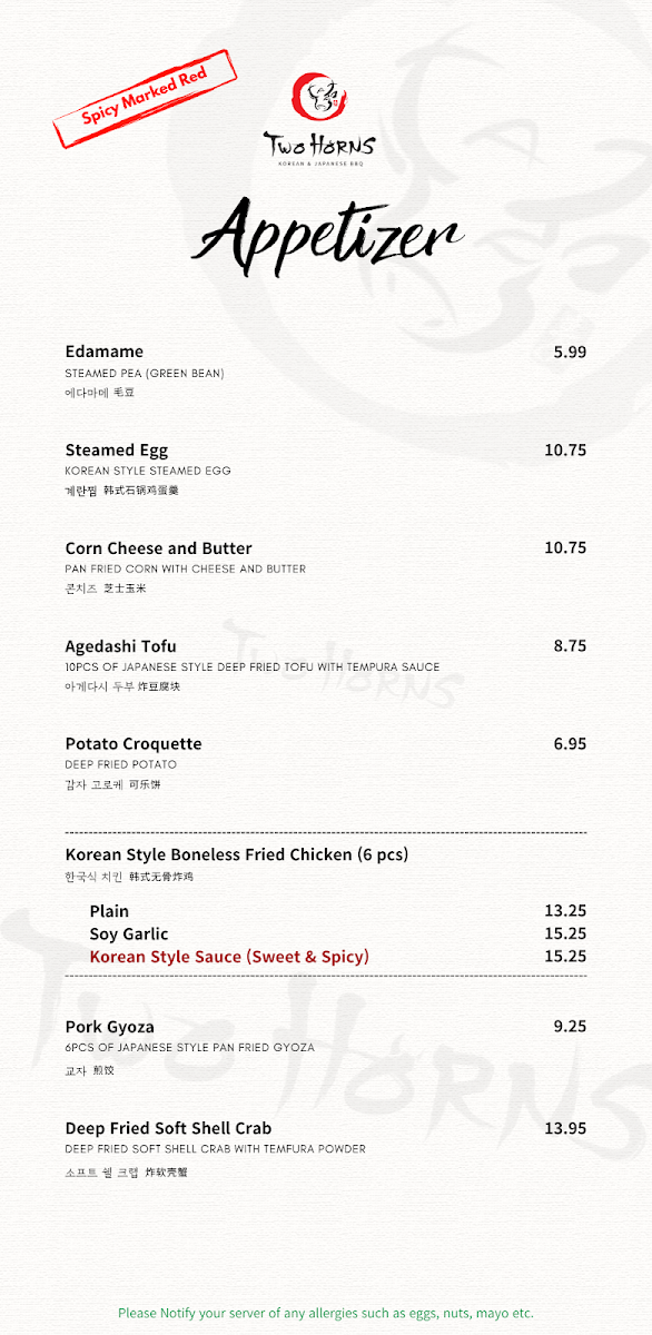Menu, Two Horns Korean BBQ House