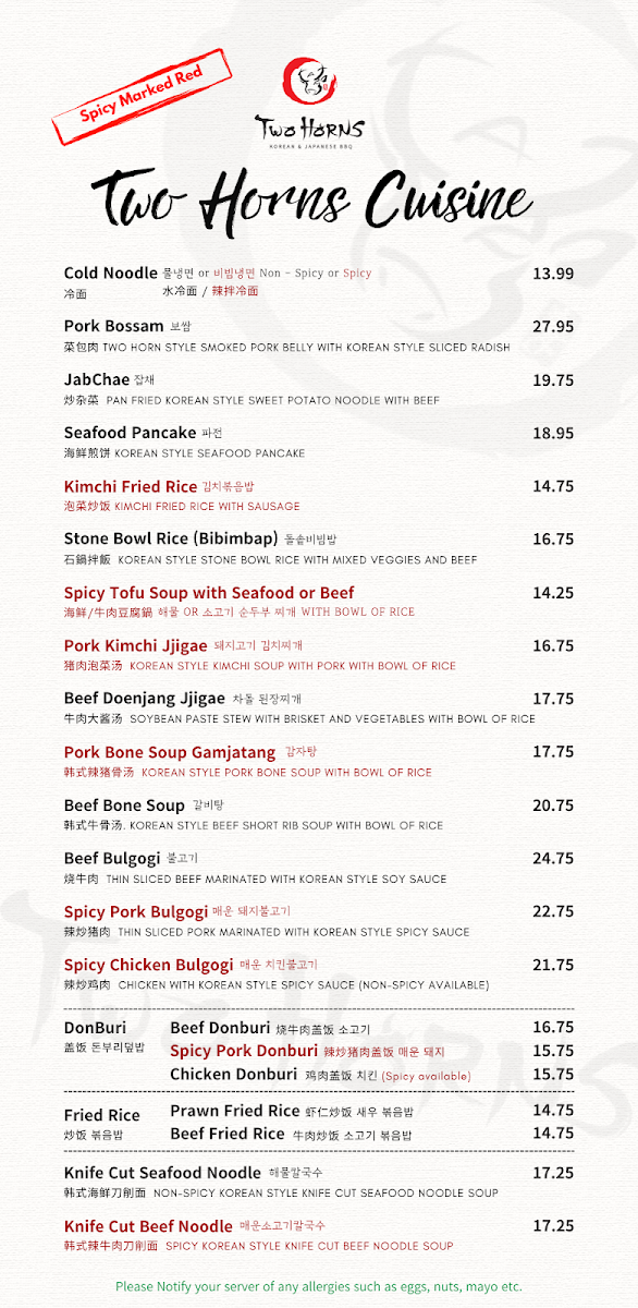 Menu, Two Horns Korean BBQ House